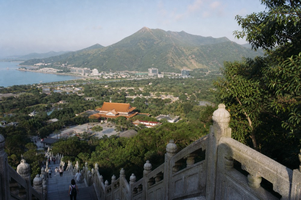 View from the top of the Big Buddha steps looking over Lantau, no text, no logos, no people