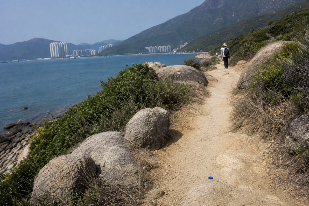 A coastal trail winding along the Lantau shoreline toward the west of the island, no text, no logos, no people