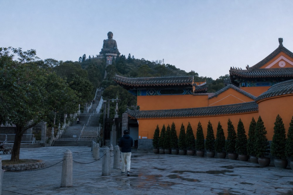 The wide stone stairway rising toward the seated bronze Buddha, no text, no logos, no people