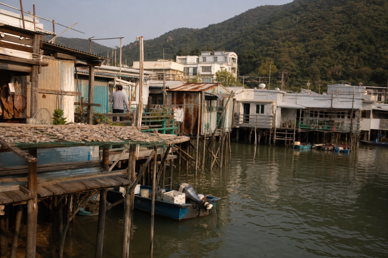 Stilt houses of Tai O fishing village standing over the water at the edge of Lantau Island, no text, no logos, no people