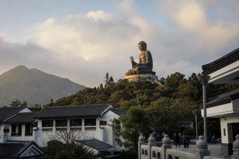 Wide view of the Tian Tan Buddha on Lantau Island, no text, no logos, no people