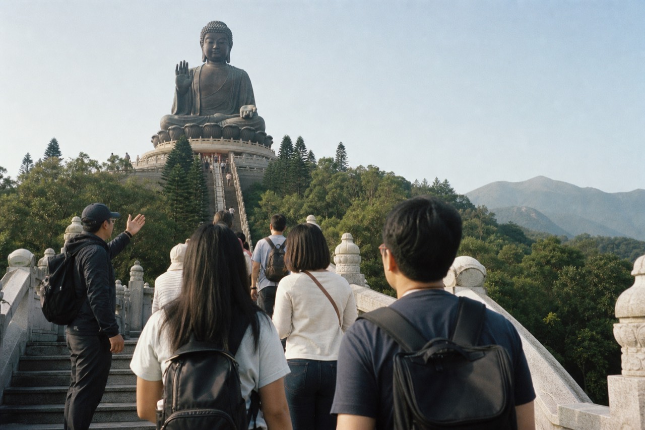 A small group of visitors on the steps below the Tian Tan Buddha on Lantau Island, seen from behind on a clear morning