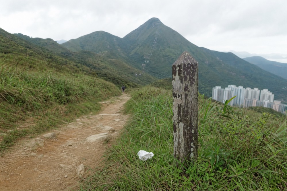 Trail signpost on the Lantau Trail near Ngong Ping, no text, no logos, no people