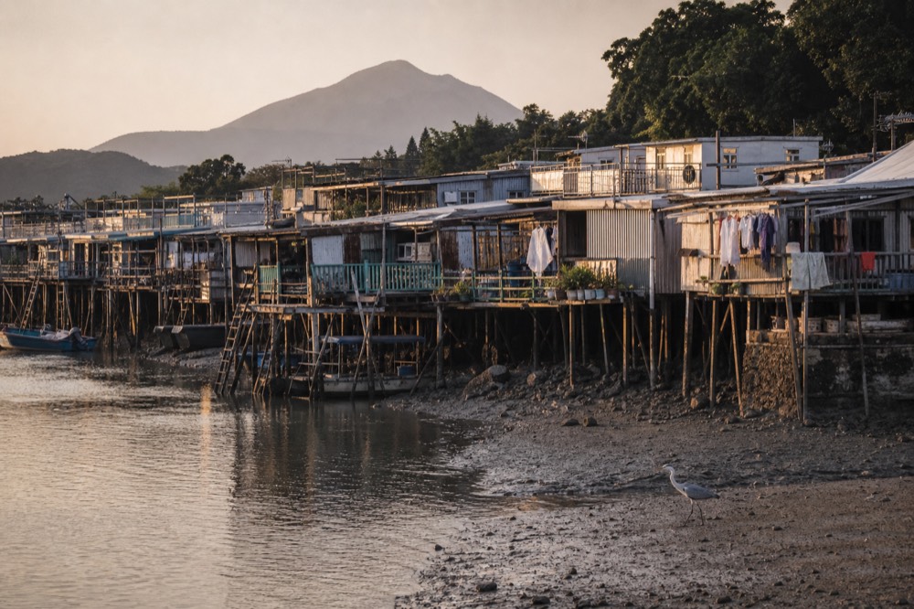 Stilt houses over the waterways of Tai O fishing village, no text, no logos, no people