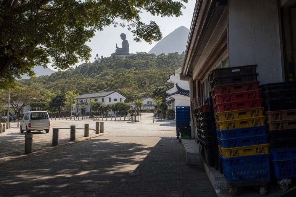 The Tian Tan Buddha statue overlooking the Ngong Ping plateau, no text, no logos, no people