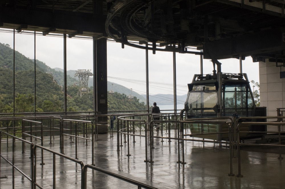 Boarding platform at the Ngong Ping cable car terminal, no text, no logos, no people