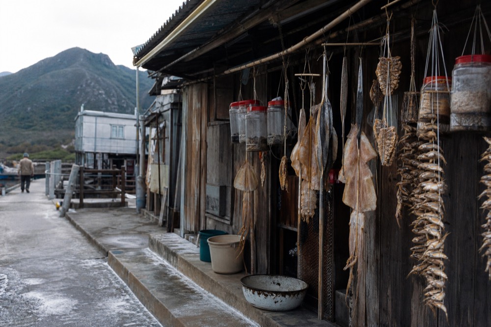 Dried fish and seafood hanging at a traditional shop front in Tai O fishing village, no text, no logos, no people